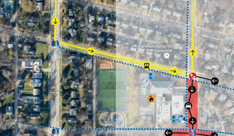 Arrival and dismissal maps normally show: The school building and school property Roadways, intersections, and properties adjacent to the school Locations where pedestrians and bicyclists enter the