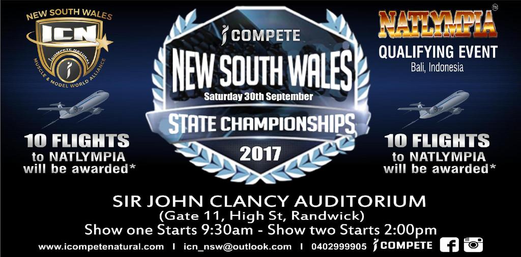 DATE: Saturday 30th September 2017 CONTEST TIME: Show starts at 9:30am ENTRY FEE : $175 (includes first division, photo's, video & Exclusive competitors pack) ADDITIONAL: Additional entries are $75