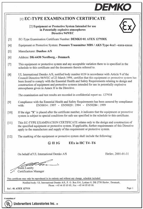 Manufacturer s declaration for potentially explosive atmospheres Manufacturer s Declaration to the European Directive ATEX 94/9/CE Group D Component with special sealing material for HC-refrigerants