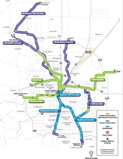 The RTD FasTracks Plan 122 miles of new light rail and commuter rail 18 miles of Bus Rapid Transit (BRT) service 31 new