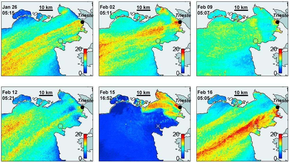 Figure 10. Comparison of SAR derived wind speeds for six Bora events in the Gulf of Trieste region.