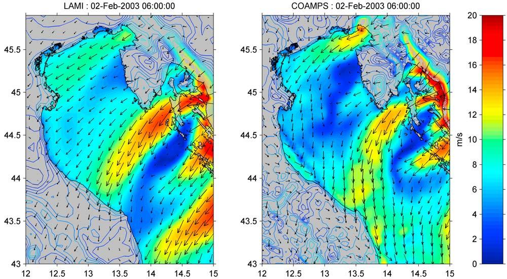 Figure 13. Modeled 10 m wind from (left) Limited Area Model Italy (LAMI) and (right) COAMPS at 0600 UTC on 2 February. Compare with the SAR derived wind in Figure 7b.