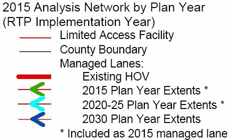 Figure 5 Managed Lane Corridors Included in 2015 Analysis, by RTP Implementation (Plan) Year Figure 5 shows the managed lanes in the 2030 RTP, by recommended implementation year (plan year).