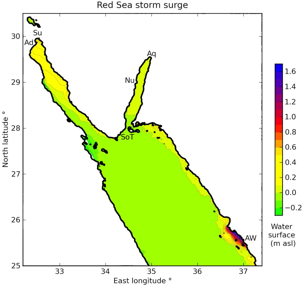 J. Mar. Sci. Eng. 2015, 3 361 Simulation experiment RS11 extends the Red Sea domain southward from 25 to 20 North latitude. This change increases the storm surge height to 1.77 m at Suez and 1.