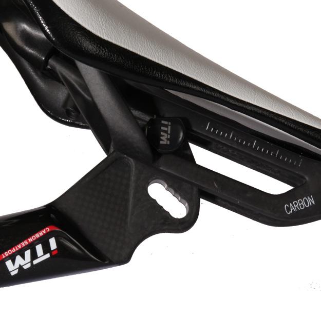 The carbon fiber saddle rail moves and is adjustable along two points: fulcrum and eccentric (patented and copyrighted) that are resistant to stress and pressure.