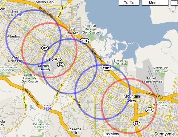 Bike+rail in the Bay Area is practical and attractive Circles represent a radius of about 1.