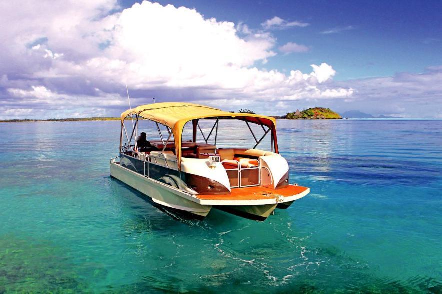 PRIVATE PONTOON BOAT Polynesian Island Tour Enjoy a full day trip on a Champagne boat with different stops for snorkeling, to discover the coral garden, tropical fish, sharks & stingrays.