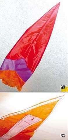 Make sure only to sew on the top and at the lower edge just the two tips. Three sides need to be left open to allow for sufficient airflow into the kite.