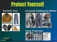 Slide 7 When riding a quad or utility vehicle, an approved, properly fitting helmet, long pants, long sleeved shirt or jacket, gloves, eye protection and over the ankle leather boots are items you