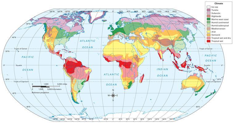 The map shows climate zones around the world. The three climagraphs show average monthly temperatures and precipitation in three cities. How might climate affect the type of housing people build?