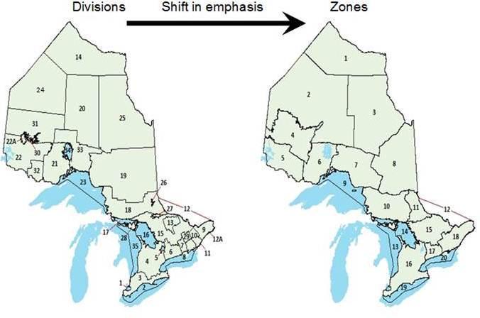 Figure 2: In 2008, Ontario's thirty-seven Fishing Divisions were replaced by twenty Fisheries Management Zones, providing the framework to manage fisheries on a landscape-scale.