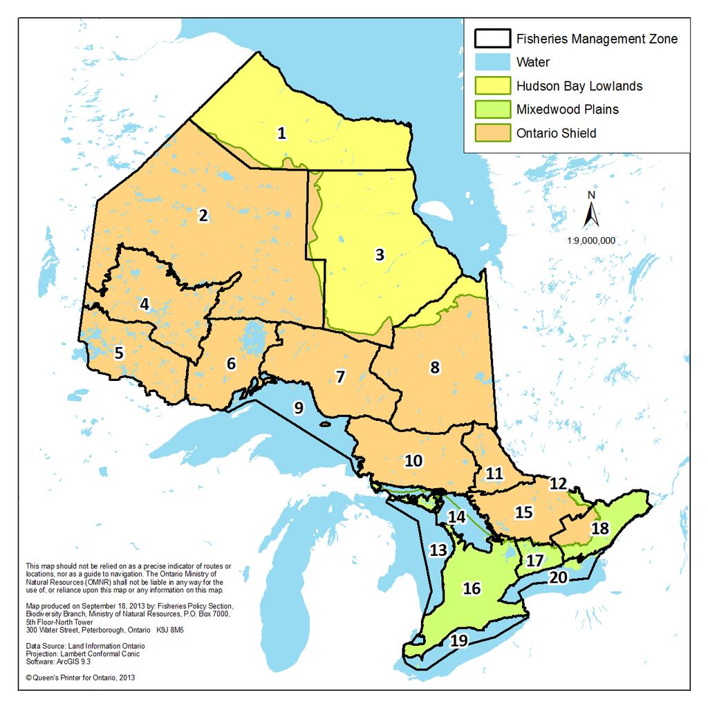 Figure 1: Ontario's 20 Fisheries Management Zones overlaid atop the province's four ecozones (Hudson Bay Lowlands, Ontario Shield, Mixed Wood Plains and Great Lakes).