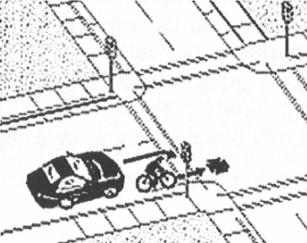 The motorist, coming to a stop, travels into the intersection. The cyclist s travel path is outside the motorist s primary viewing area.