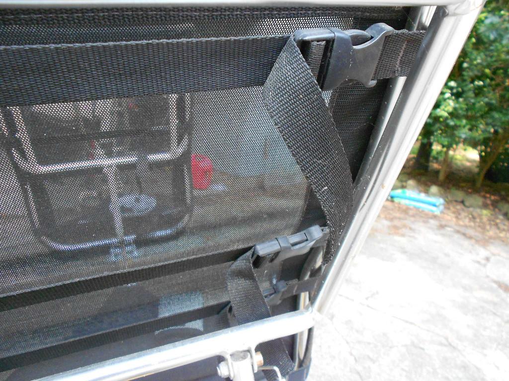 Mesh seat back covers are supportive and allow air to circulate to keep the riders cooler and are easy to clean. The buckles allow quick removal of the seat back.