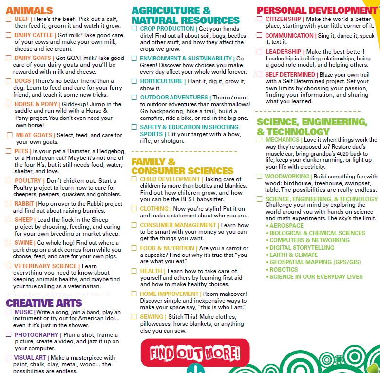 Pick Project Areas Project areas are subjects that you re interested in. You can pick several in 4-H online. That way, your leaders and the staff will know what you like.