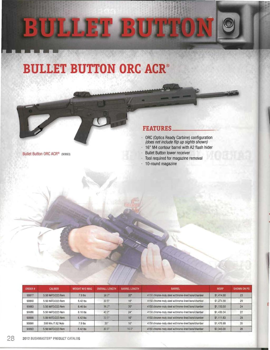 BULLET BUTTON ORC ACR FEATURES ORC (Optics Ready Carbine) configuration (does not include flip up sights shown) 16" M4 contour barrel with A2 flash hider Bullet Button ORC ACR~ (9089 3) Bullet Button