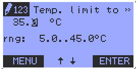 Main Menu Settings Temperature Limit of the temperature with alarm message Limit of the temperature with product water drainage (flushing valve will be