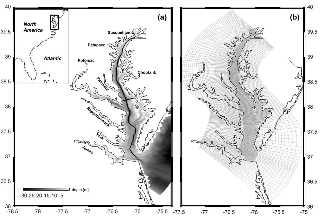 Figure 1. (a) Bathymetry of Chesapeake Bay and its adjacent coastal area. Major tributaries are marked. Depths are in meters.