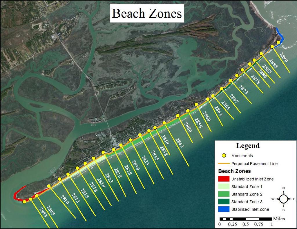 Thirty-one permanent beach profile monuments have been installed by SCDHEC OCRM along Folly Beach (dots on Figure 10).