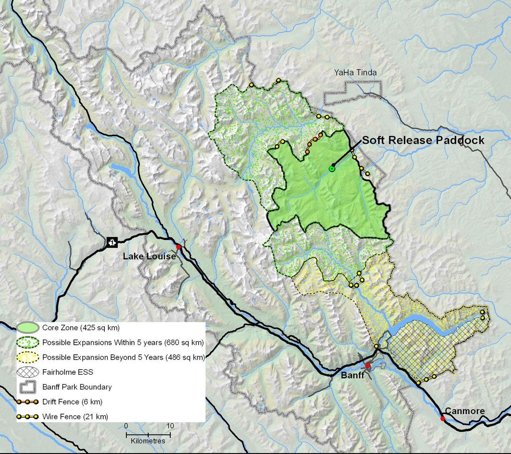 Figure 1. Proposed soft-release site, core areas and possible expansion areas for reintroduction of bison in Banff National Park.