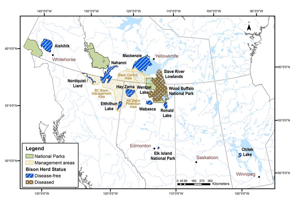 Figure 3 - Location of free-ranging Wood Bison local populations in Canada.