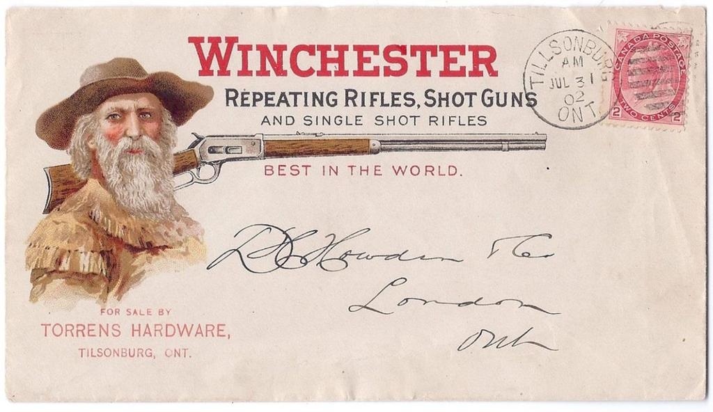 Item 255-20 Winchester rifle 1902, 2 Numeral tied by Tillsonburg Ont duplex cancel on Torrens Hardware c/c cover showing Winchester Repeating Rifles, Shot Guns.
