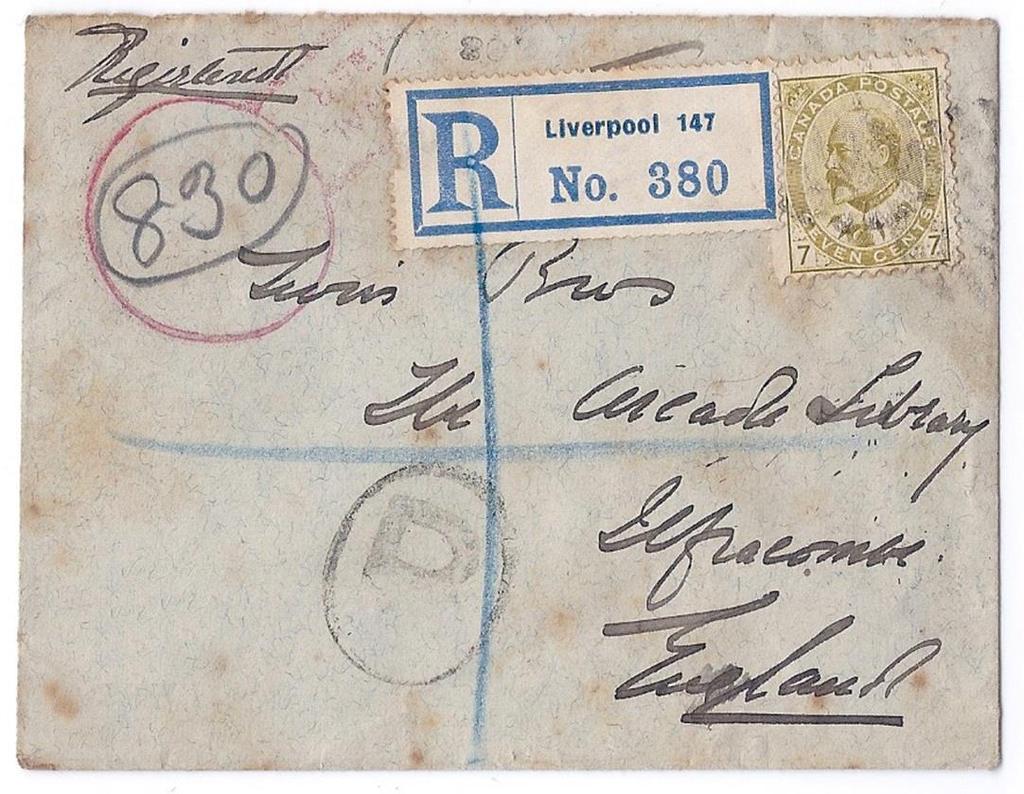 00 Item 255-21 Registered in Liverpool 1908, 7 Edward tied by grid cancel from Halifax on cover with keyhole registration handstamp paying 7 Empire registered to