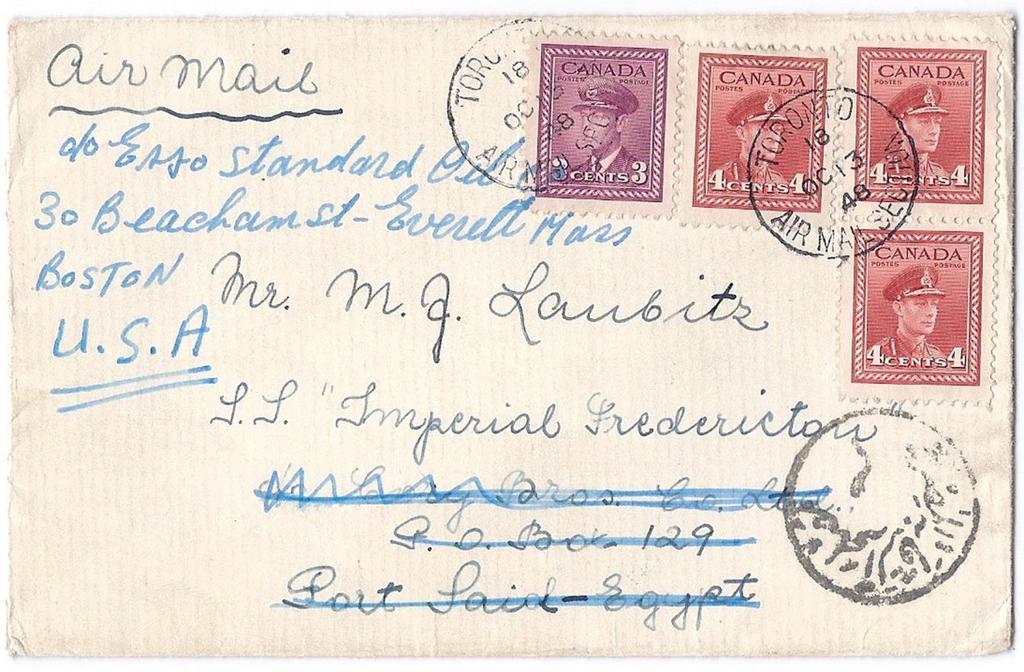Item 255-22 15 airmail to Egypt 1948, 3, 4 (3) War tied by Toronto airmail section cds on cover paying 15