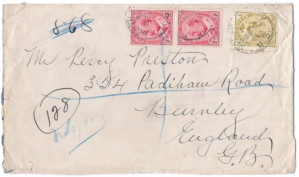 00 SOLD Item 255-23 11 triple Empire registered 1909, 2 (2) 7 Edward tied by North Sydney NS cds on cover