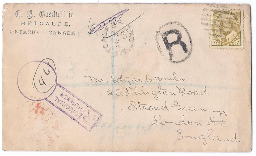 Item 255-24 7 Empire registered 1909, 7 Edward tied by grid cancel from Metcalfe Ont on cover