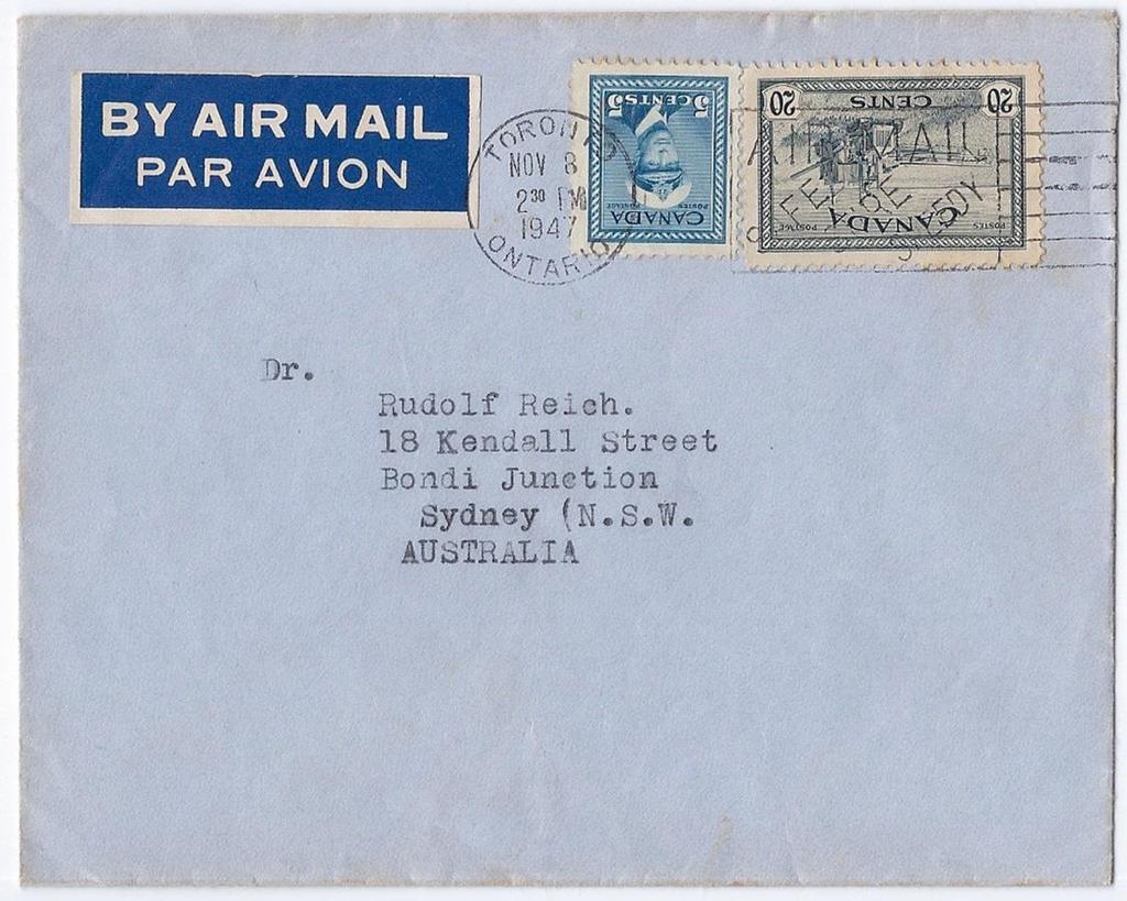 Item 255-31 25 airmail to Australia 1947, 5 War, 20 Peace tied by
