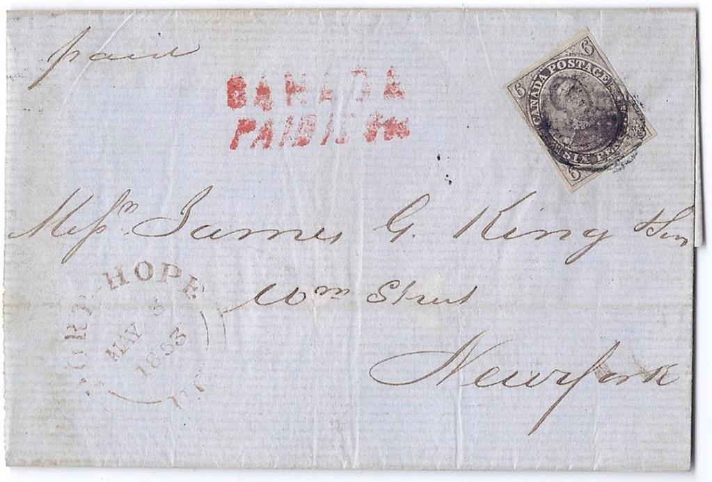 Item 255-02 6d brown purple on laid paper 1853, clear margined 6d brown purple on laid paper (Scott #2b) tied by target cancel on folded cover from Port Hope UC paying 6d cross