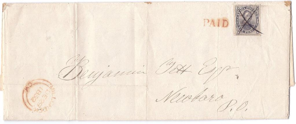 00 Item 255-03 6d on laid paper 1852, very large margined 6d on laid paper (Scott #2) tied by pen cancel on folded letter (datelined Kingston Dec 29 th 1852) entered in