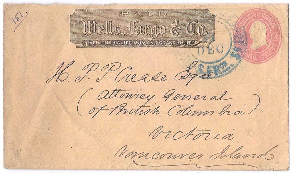 Item 255-10 Wells Fargo & Co to Victoria c1862-3, incoming and undated Wells Fargo & Co printed frank in black on US 3 pink