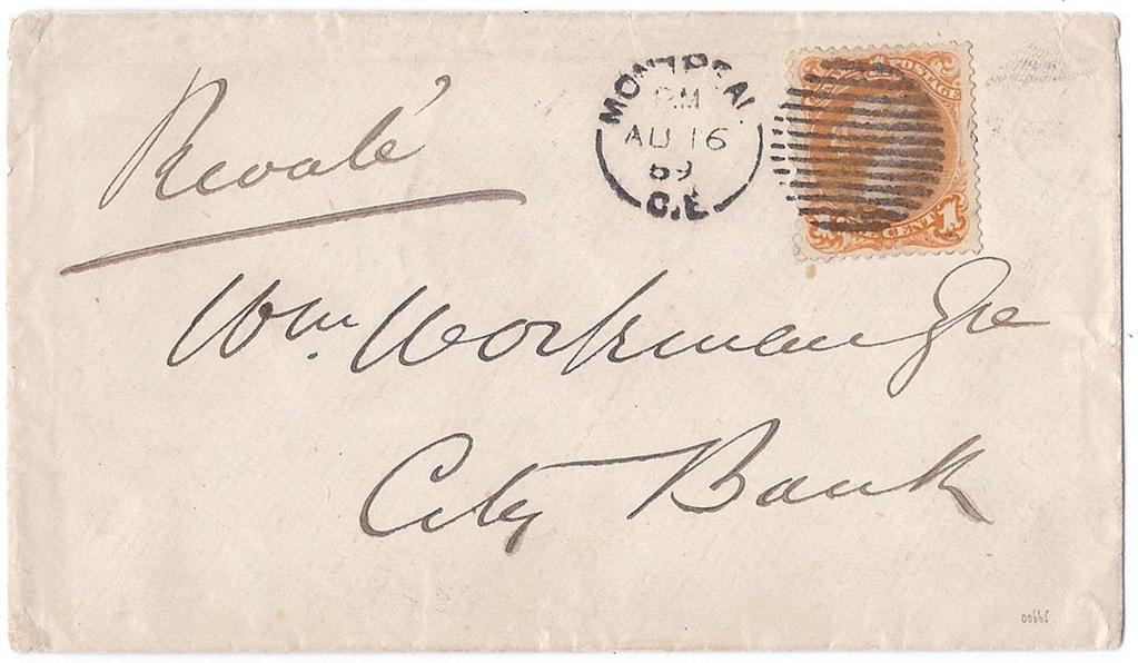 Item 255-12 1 Large Queen drop 1869, 1 LQ (Scott #23 VF centering) tied by Montreal Berri duplex cancel on cover paying 1