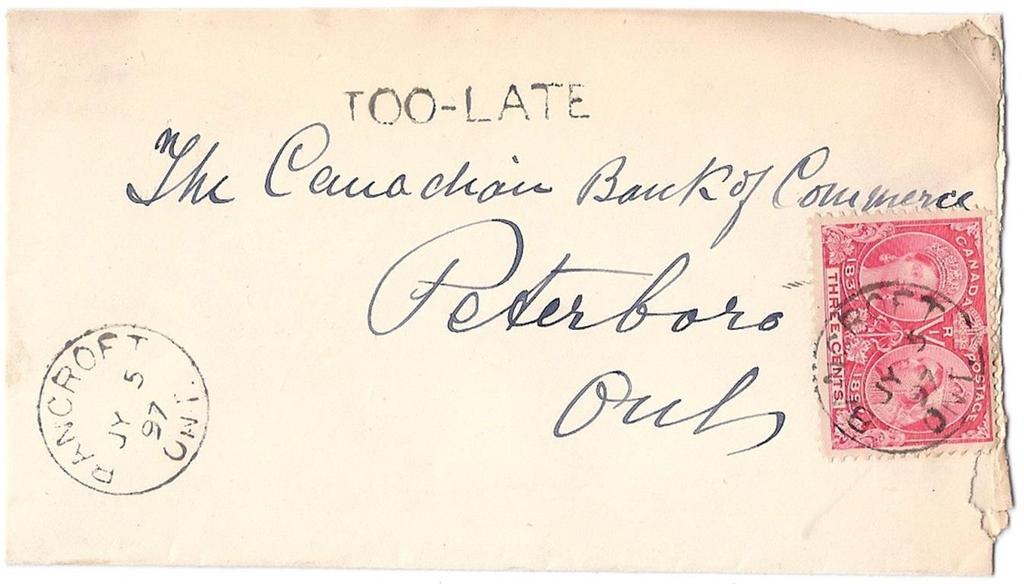 Item 255-14 Bancroft Ont too late 1897, 3 Jubilee tied by Bancroft Ont cds on cover to Peterboro.