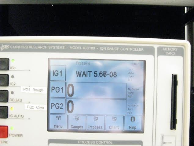 Pumping Down the System Numbers in small font indicates gauge warmup Figure 19 Figure 20 - The system will rough pump down to about 62-63 mtorr (displayed on the PG1 readout, Figure 19), at which