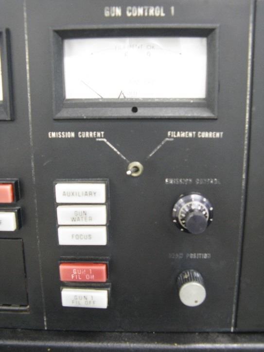 Turning on the Beam Voltage Gauge Interlock Switches HV On Gun 1 Fil On Gun 1 Fil Off Figure 28 Figure 29 - Press firmly and hold the red HV On button ( High Voltage Control, Figure 28) for 2-3