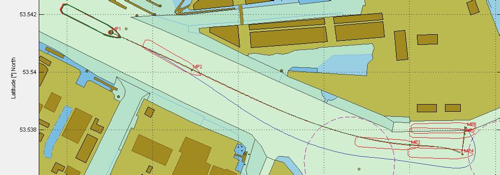 history, Bottom: extract of sea chart from Track Display) and comparison with the prepared manoeuvring plan (below): Blue: run of the