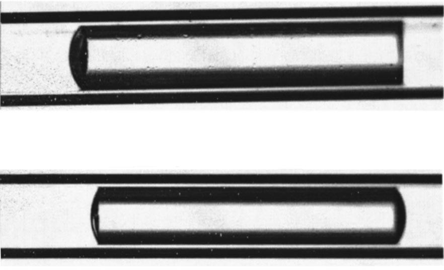 Time t 0 corresponds to the maximum upward displacement of the needle. Gravity acts from left to right. The needle is outside the frame to the right.