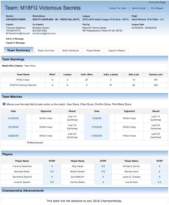 The top row of this page shows the Team Name, Section, District/Area, League and Flight information.