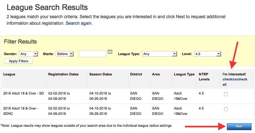 5. From Search Results page, select desired league 6.