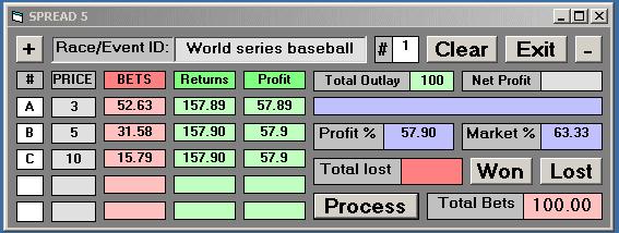 You could run a similar bet for the three golfers to be top of the US Money Lists. 3.2 Three Separate Teams In this example we outlay $100 on three baseball teams to win the world series.