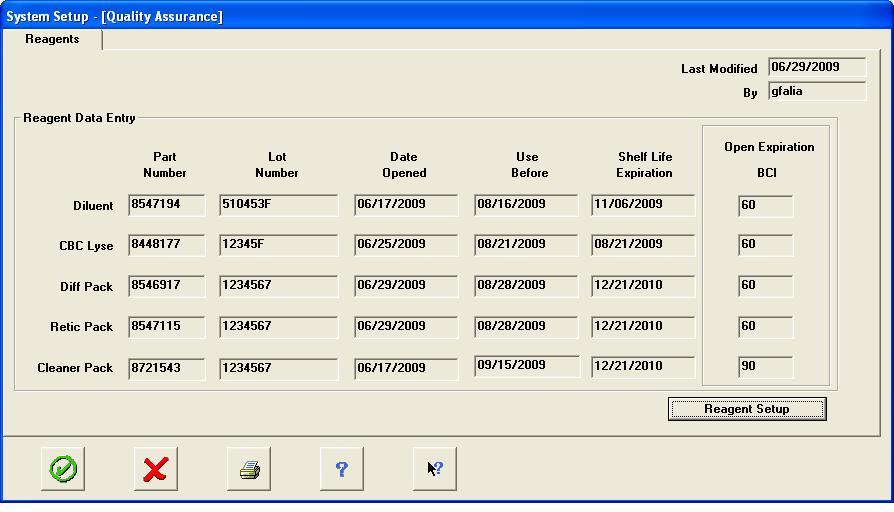 INFORMATION / PRACTICE SECTION COULTER LH 500 TRAINING MODULES The Reagent Data Entry screen shows the current reagent lot numbers in use on your instrument.
