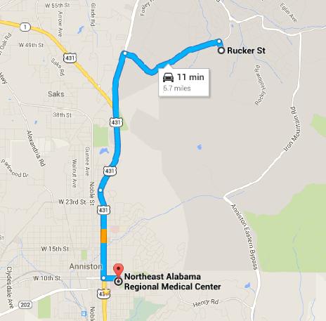 Emergency Medical Care The nearest emergency medical facility is the Northeast Alabama Regional Medical Center, located 11 minutes (5.