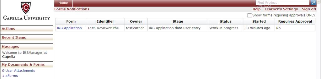 Click on the IRB Application to open a copy of your application Notes: Stage: IRB Application data user entry means that the application is currently with you for completion.