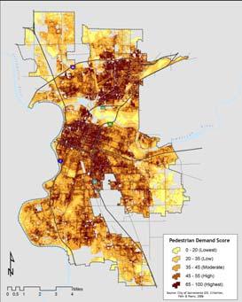 29 30 Sacramento Pedestrian Demand Measures of pedestrian demand (15 factors mapped in GIS): Population density Transit proximity Employment density Land use mix Proximity to Schools, parks,