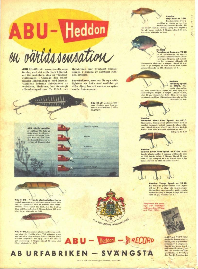 A 1955 Swedish ABU advertisement for both ABU Hi-Lo and Heddon plugs : 'A World Sensation'!