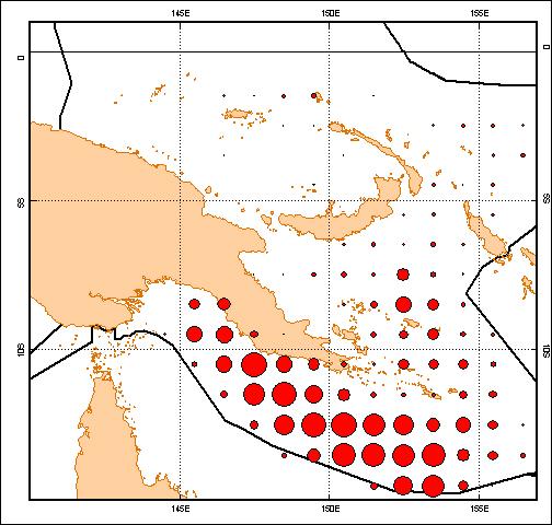 Figure 2 (b) Annual distribution of effort (100s of hooks) for the Papua New Guinea longline