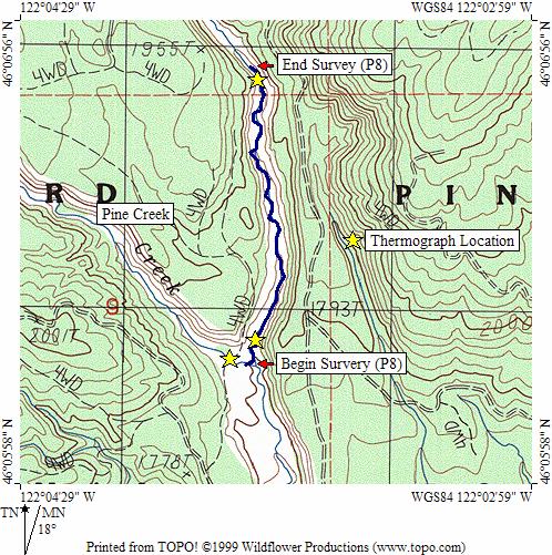 A single-pass electrofishing survey was conducted July 24 th, 2006 on Pine Creek tributary P8. The survey was done from the mouth of P8 to approximately 0.92 miles upstream (Figure 2.7-1).